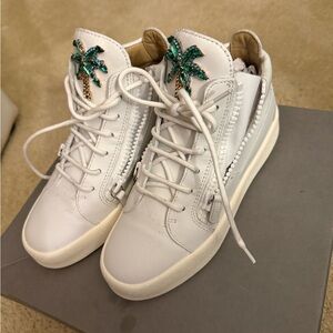 Giuseppe White High-Top Leather Sneakers with Green Palm Embellishment